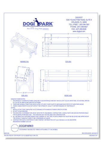 DOGIPARK® 6' Backed Poly Bench with Arms ( 7713-BC-BONES)