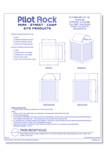 Trash Receptacles: Square Thermo-plastic Coated Expanded Steel Trash Receptacle with Canopy Rain Cover ( CN-Q )