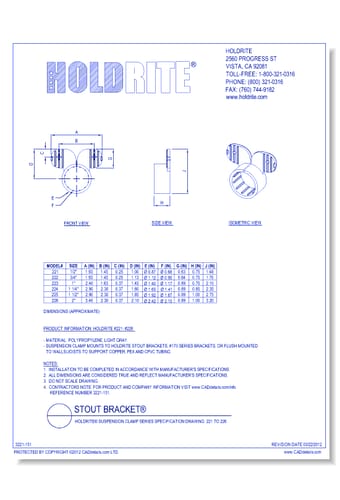 HOLDRITE® Suspension Clamp Series Specification Drawing: 221 to 226