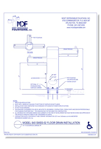 ** 840 SMSS-02** Pedestal surface mount stainless steel fountain with one trough style ADA Arm designed for drainage into a floor drain w/ 10 inch SS Surface Carrier, PF