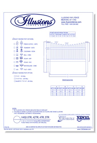 Scalloped Contemporary Picket Fence with Pointed Cap Thru-Rail 3', 42", 4', 5' H X 8' W 3" ( V402 )