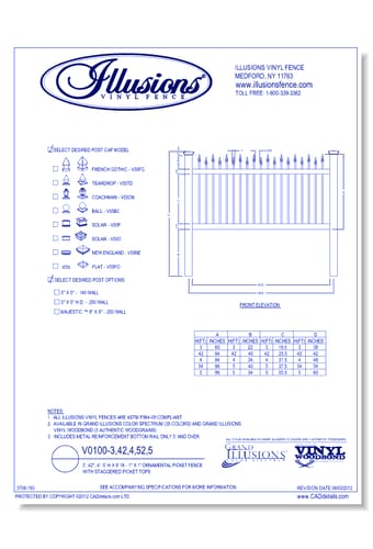 Ornamental Picket Fence with Staggered Picket Tops 3', 42", 4', 5' H X 8' W - 1" X 1" ( V0100 )