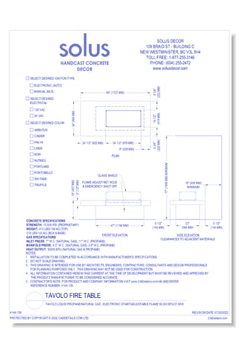 Tavolo Liquid Propane/Natural Gas - Electronic Start/Adjustable Flame 90,000 BTU/31.65W