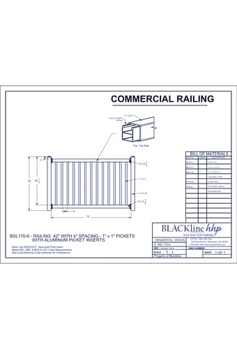 BSL170-6: Railing 42" with 4" Spacing - 1" x 1" Pickets with Aluminum Picket Inserts