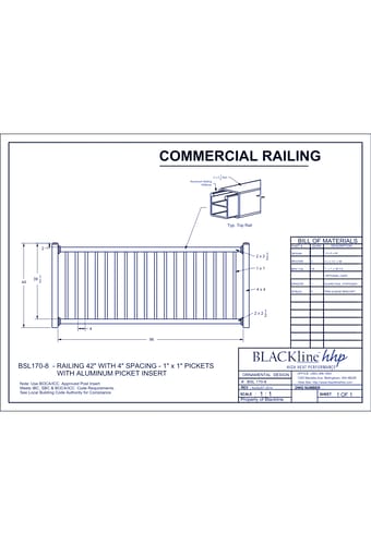 BSL170-8: Railing 42" with 4" Spacing - 1" x 1" Pickets with Aluminum Picket Inserts
