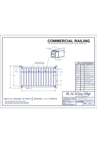 BSL171-6: Railing 42" with 3 7/8" Spacing - 1" x 1" Pickets