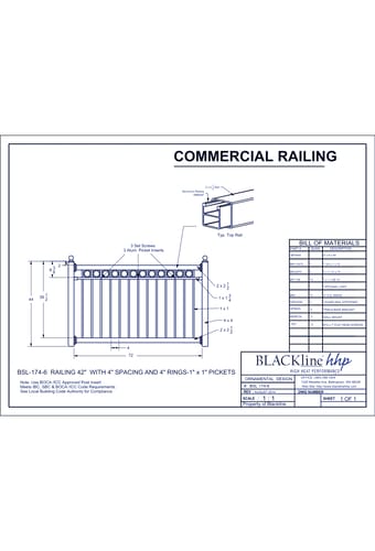 BSL-174-6: Railing 42" with 4" Spacing and 4” Rings - 1" x 1" Pickets