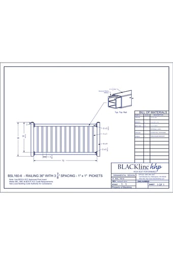 BSL160-6: Railing 36" with 3 7/8" Spacing - 1" x 1" Pickets
