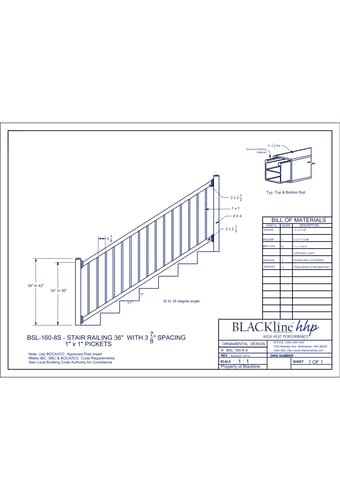 BSL161-6: Railing 36" with 3 7/8" Spacing - 1" x 1" Pickets