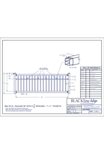 BSL161-8: Railing 36" with 3 7/8" Spacing - 1" x 1" Pickets
