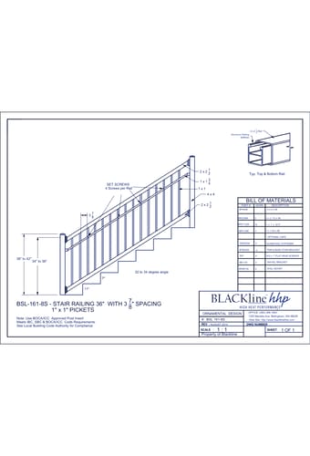 BSL-161-8S: Stair Railing 36" with 3 7/8" Spacing - 1" x 1" Pickets