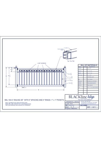BSL-164-8: Railing 36" with 4" Spacing and 4" Rings - 1" x 1" Pickets