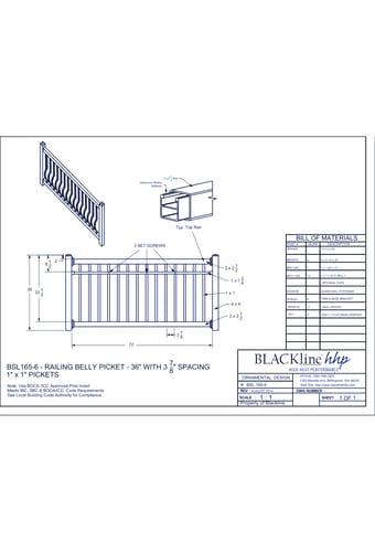 BSL165-6: Railing Belly Picket 36" with 3 7/8" Spacing - 1" x 1" Pickets