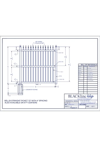 BSL-29: Straight Picket 72" with 4" Spacing - Also Available on 8 Ft. Centers