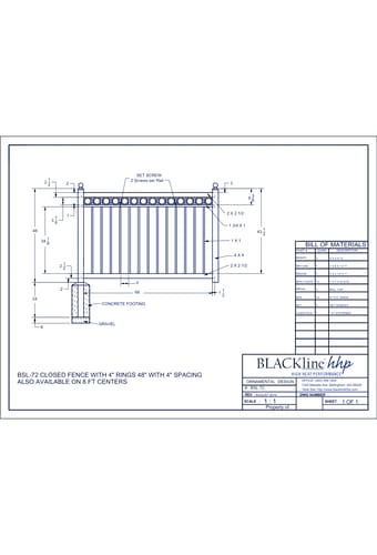 BSL-72: Closed Fence with 4" Rings 48" with 4" Spacing - Also Available on 8 Ft. Centers
