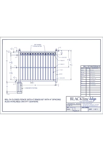 BSL-74: Closed Fence with 4" Rings 60" with 4" Spacing - Also Available on 8 Ft. Centers