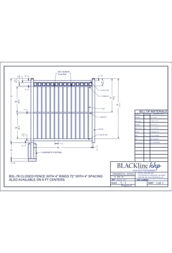 BSL-78: Closed Fence with 4" Rings 72" with 4" Spacing - Also Available on 8 Ft. Centers