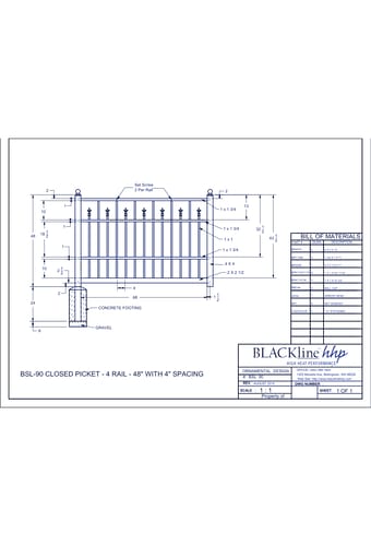 BSL-90: Closed Picket - 4 Rail - 48" with 4" Spacing