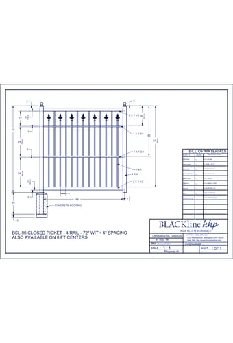 BSL-96: Closed Picket - 4 Rail - 72" with 4" Spacing - Also Available on 8 Ft. Centers