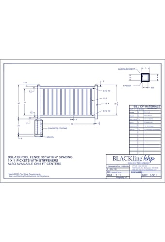BSL-130: Pool Fence 36" with 4" Spacing 1 x 1 Pickets with Stiffeners - Also Available on 8 Ft. Centers