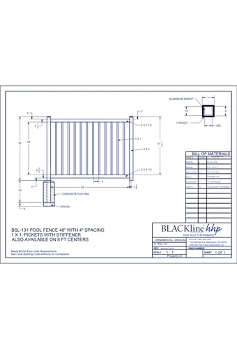 BSL-131: Pool Fence 48" with 4" Spacing 1 x 1 Pickets with Stiffener - Also Available on 8 Ft. Centers