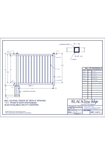 BSL-132: Pool Fence 55" with 4" Spacing 1 x 1 Pickets with Stiffeners - Also Available on 8 Ft. Centers