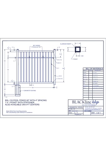 BSL-133: Pool Fence 60" with 4" Spacing 1 x 1 Picket with Stiffener - Also Available on 8 Ft. Centers