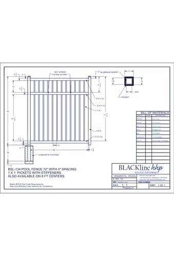 BSL-134: Pool Fence 72" with 4" Spacing 1 x 1 Pickets with Stiffeners - Also Available on 8 Ft. Centers