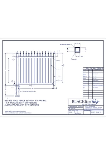 BSL-135: Pool Fence 55" with 4" Spacing 1 x 1 Pickets with Stiffeners - Also Available on 8 Ft. Centers
