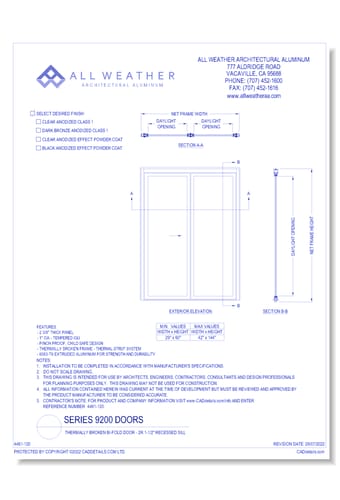 Series 9200 Doors: Thermally Broken - Bi-Fold Door – 2R- 1 ½” Recessed Sill