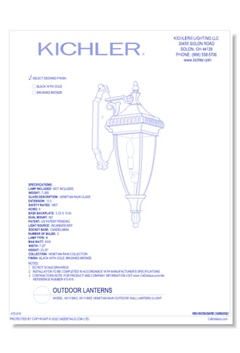 Model: 49131BKG Venetian Rain Outdoor Wall Lantern 2-Light