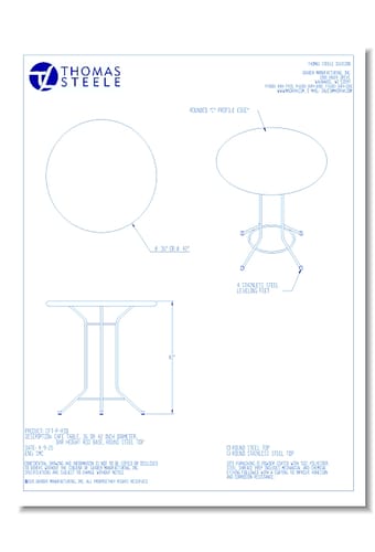 Café Table, 36 Or 42 Inch Diameter, Bar Height, Rod Base, Round Steel Top