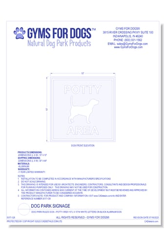 Dog Park Rules Sign - Potty Area 15"L x 15"W White Letters on Black Aluminum Sign