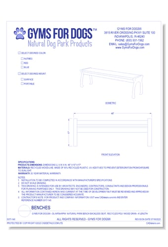 Gyms For Dogs® - DL-NPS4-RPW: Natural Park Bench Backless Seat, Recycles Poly Wood Grain - 4' Length