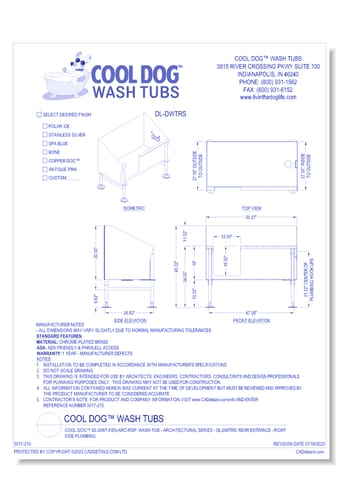 Cool Dog DL-DWT-FEN-ARC-RSP: Wash Tub - Architectural Series - Front Entrance, RIGHT Side Plumbing