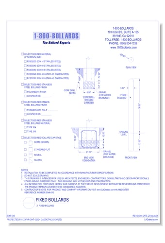3" Fixed Bollard - Cutsheet Size A - R1