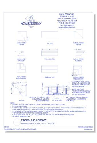 Fiberglass Cornice: CR 282x8, 2'-6" H x 3'-3 3/8" P x 8'-0" L