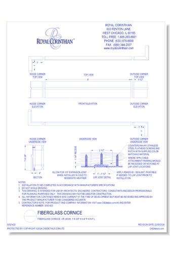 Fiberglass Cornice: CR 283x8, 1'-6 3/8" H x 4" P x 8'-0" L