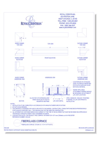 Fiberglass Cornice: CR 286x8, 1'-5" H x 1'-0" P x 8'-0" L