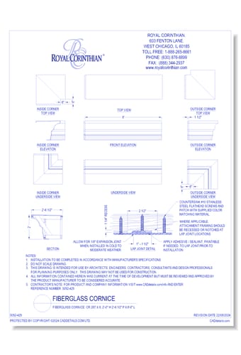 Fiberglass Cornice: CR 287x8, 2'-0" H x 2'-6-1/2" P x 8'-0" L