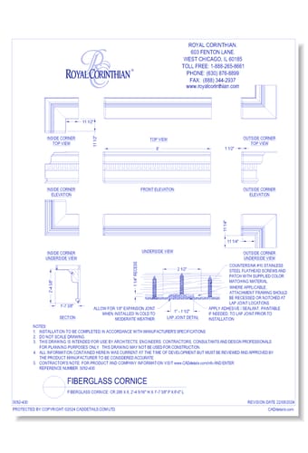 Fiberglass Cornice: CR 288x8, 2'-4 9/16" H x 1'-7-3/8" P x 8'-0" L