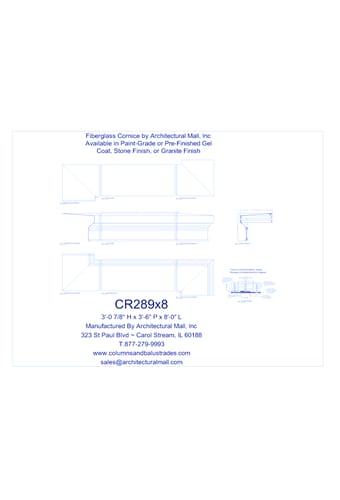 Fiberglass Cornice: CR 289x8, 3'-0 7/8" H x 3'-6" P x 8'-0" L