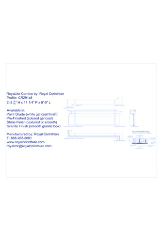 Fiberglass Cornice: CR 291x8, 3'-2 9/6" H x 11 1/4" P x 8'-0" L