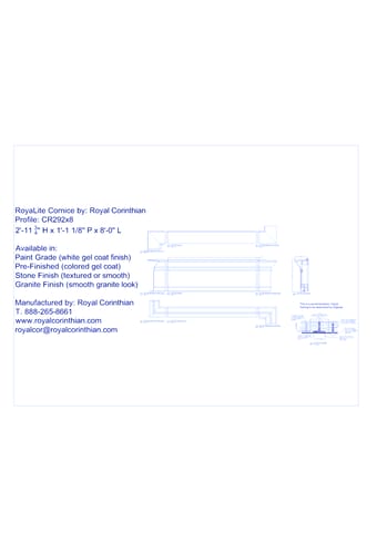 Fiberglass Cornice: CR 292x8, 2'-11 3/4 " H x 1'-1 1/8" P x 8'-0" L