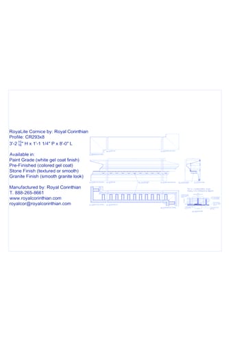 Fiberglass Cornice: CR 293x8, 3'-2 16/15" H x 1'-1 1/4" P x 8'-0" L