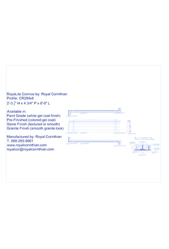 Fiberglass Cornice: CR 294x8, 2'-3 1/2 " H x 4 3/4" P x 8'-0" L