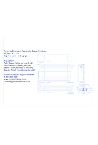 Fiberglass Cornice: CR 312x8, 6'-2 3/8 " H x 1'-11 7/8 " P x 8'-0" L