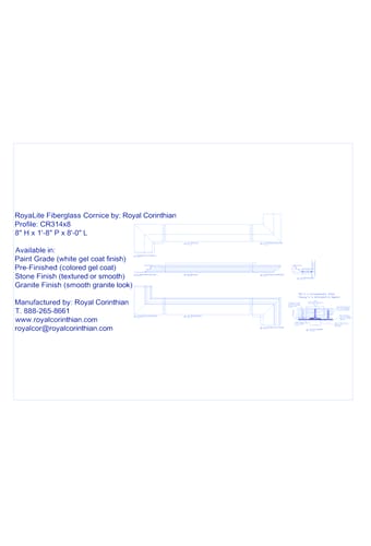Fiberglass Cornice: CR 314x8, 8" H x 1'-8" P x 8'-0" L