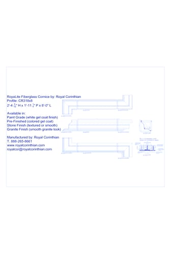 Fiberglass Cornice: CR 318x8, 2'-4 5 16" H x 1'-11 1/4 " P x 8'-0" L