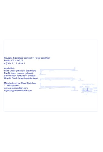 Fiberglass Cornice: CR 319x8, 0.75 4 7/8 " H x 3 1/4 " P x 8'-9" L